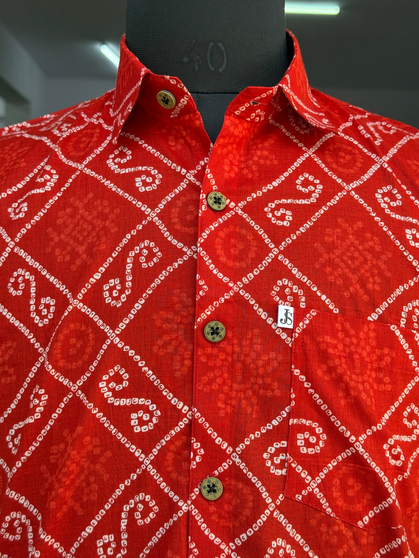New Red Bandhani/Bandhej Printed Mens Half Sleeves Cotton Shirt