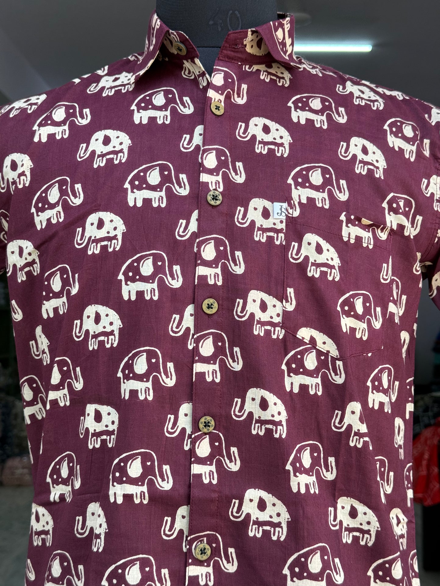 Maroon Beige Elephant Printed Mens Half Sleeves Cotton Shirt