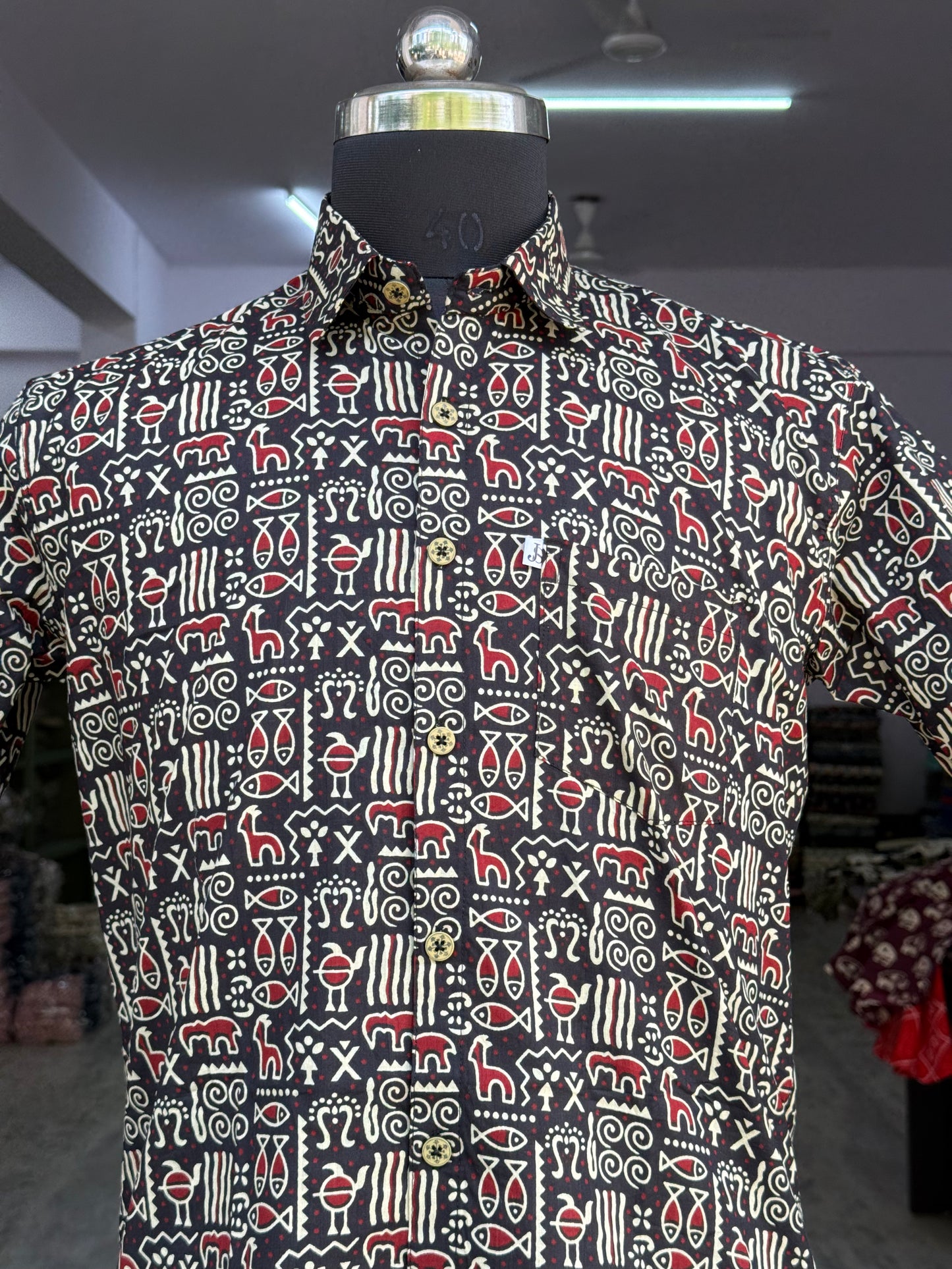 Black Ethnic Motif Printed Mens Half Sleeves Cotton Shirt