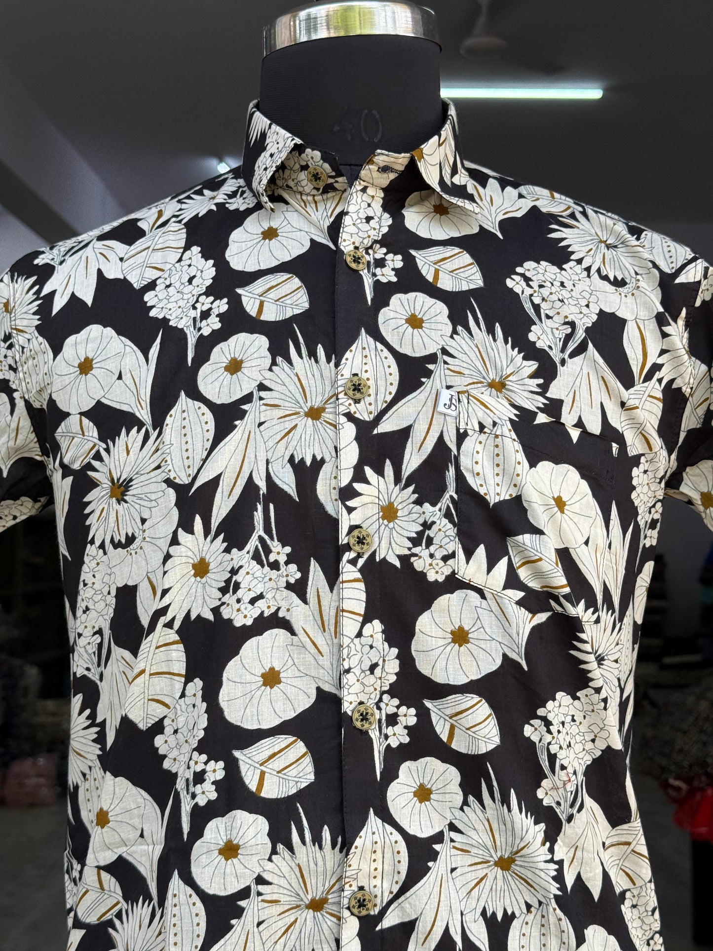 Black Floral Printed Mens Half Sleeves Cotton Shirt