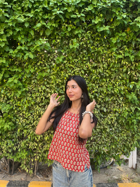 Red Floral Buti Printed Cotton Sleeveless Top for Women