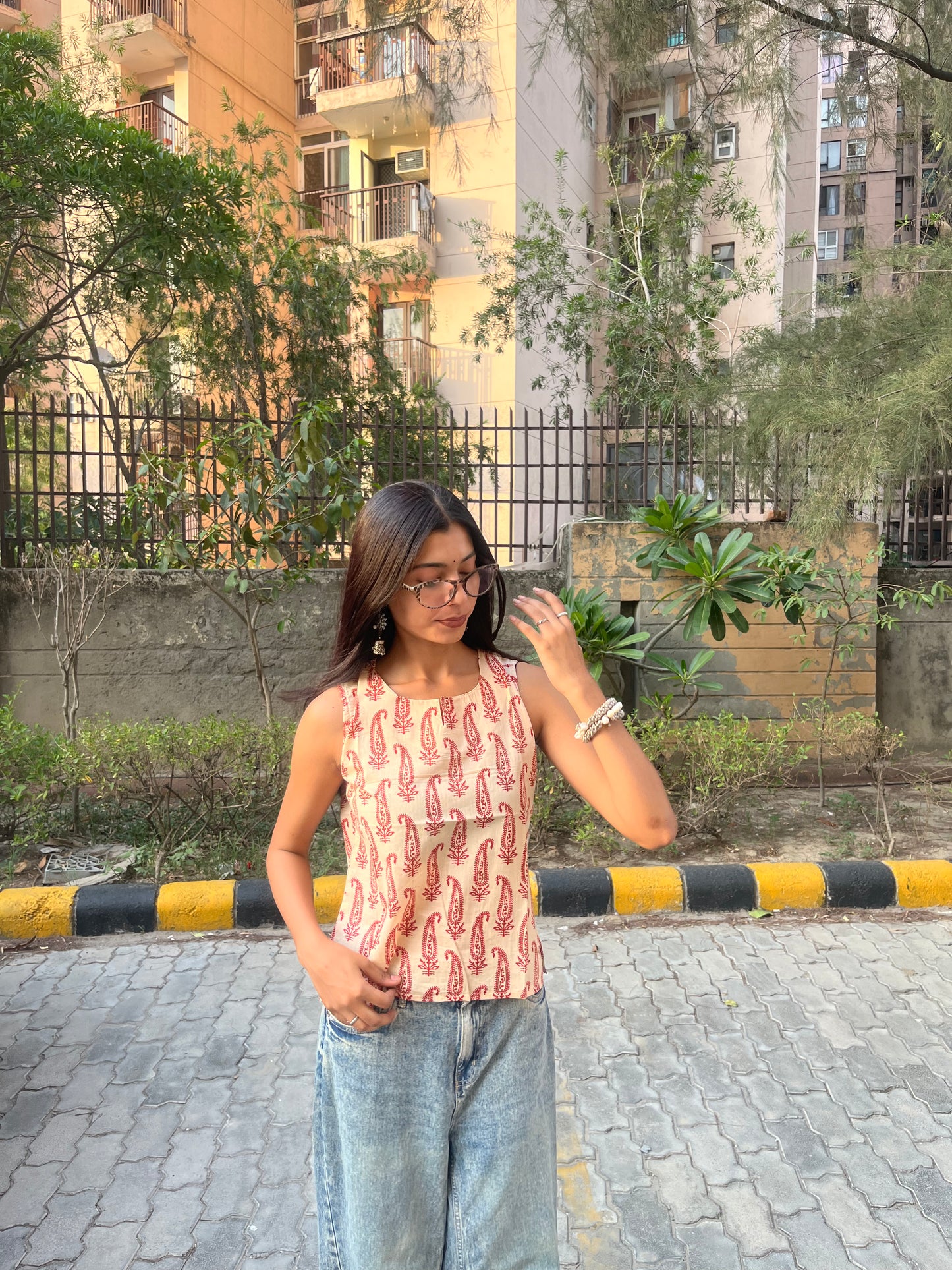 Blush Pink Paisley Printed Cotton Sleeveless Top for Women