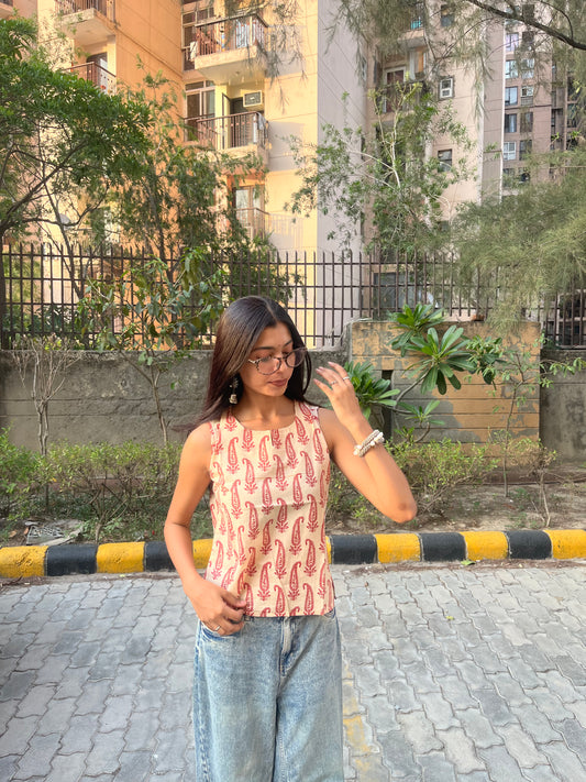 Blush Pink Paisley Printed Cotton Sleeveless Top for Women