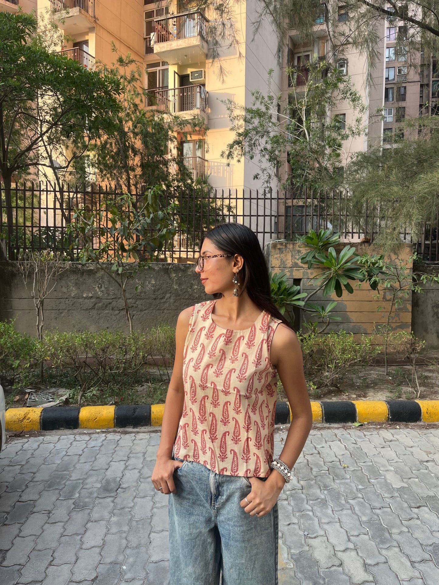 Blush Pink Paisley Printed Cotton Sleeveless Top for Women
