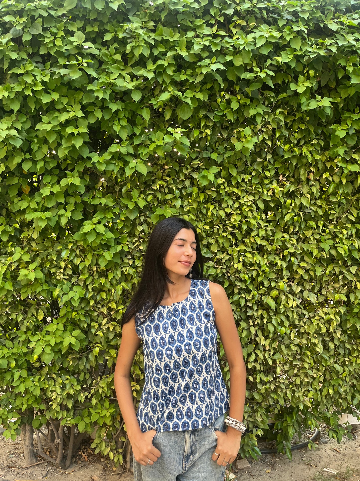 Indigo Paisley Printed Cotton Sleeveless Top for Women