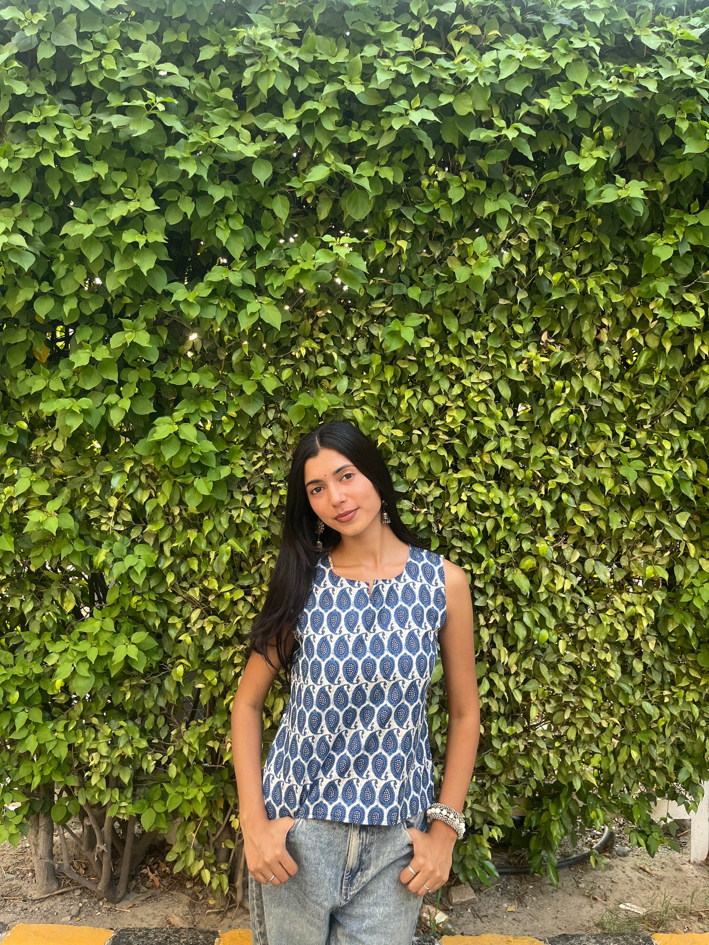 Indigo Paisley Printed Cotton Sleeveless Top for Women