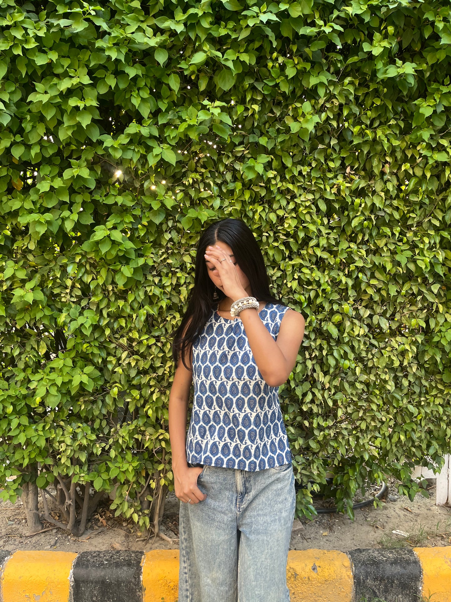 Indigo Paisley Printed Cotton Sleeveless Top for Women