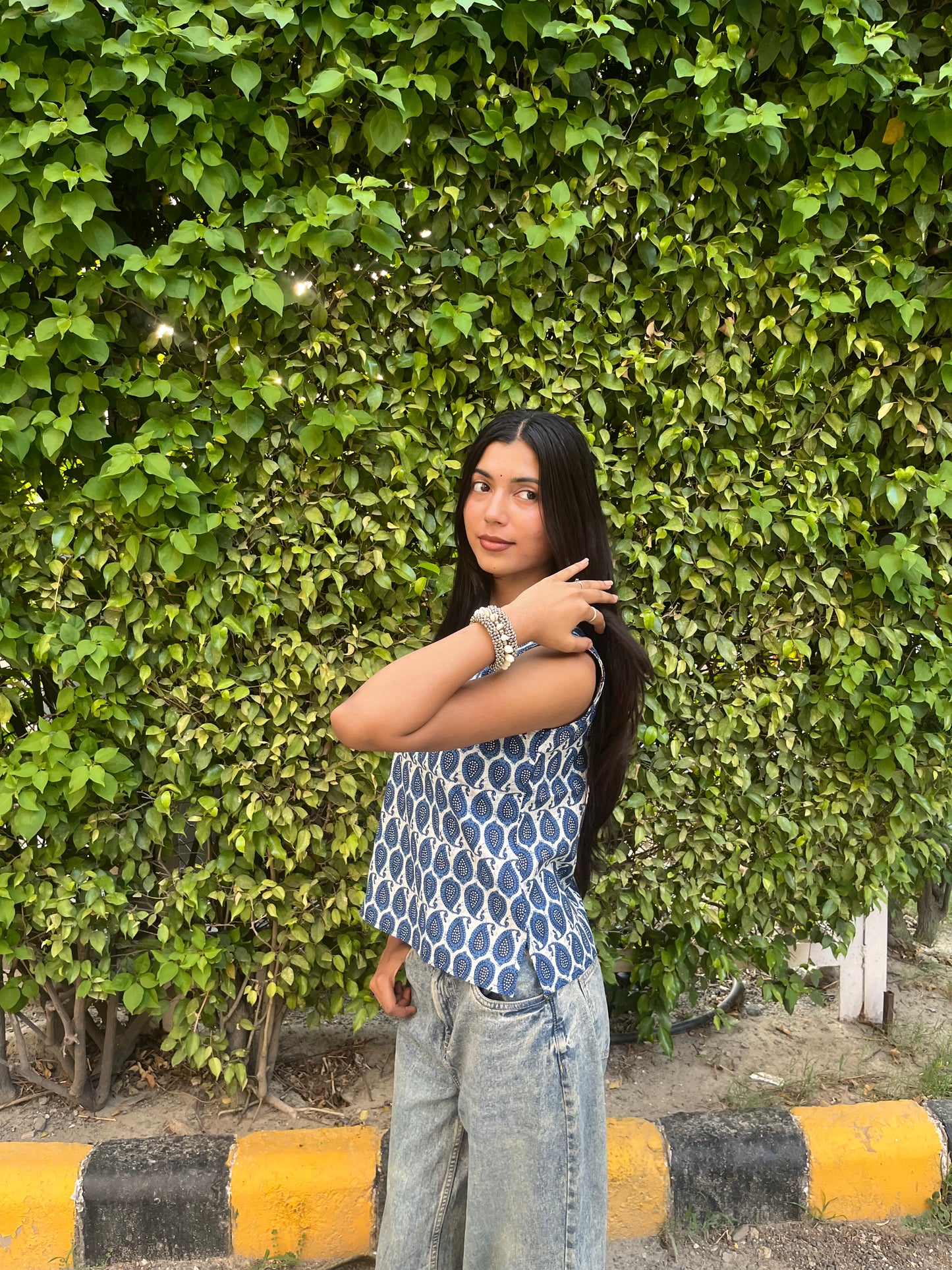 Indigo Paisley Printed Cotton Sleeveless Top for Women