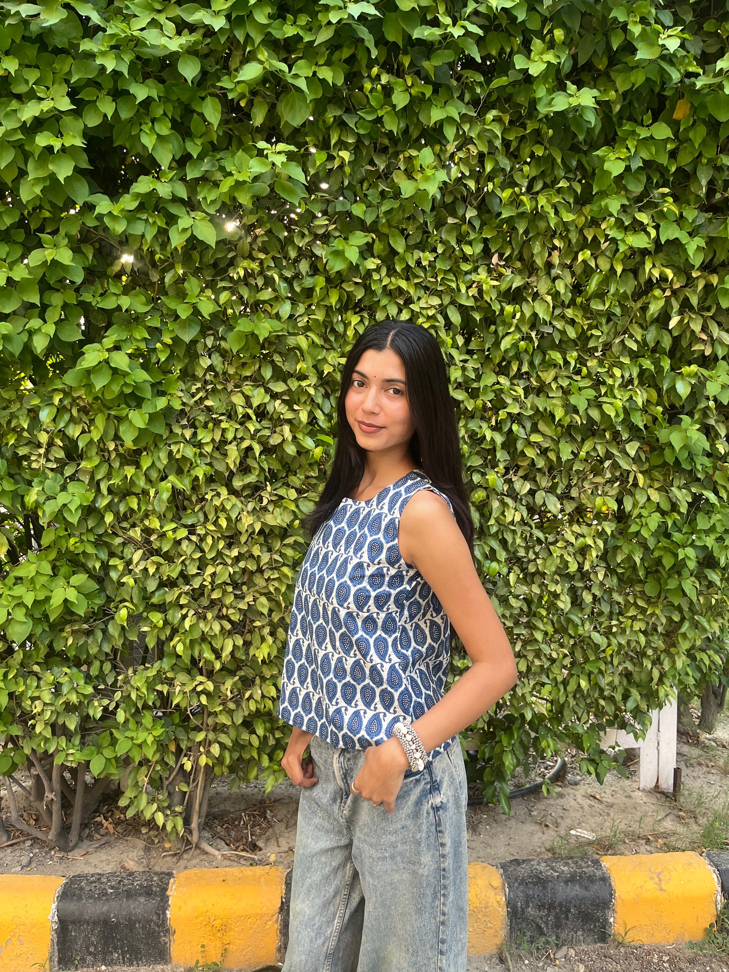 Indigo Paisley Printed Cotton Sleeveless Top for Women