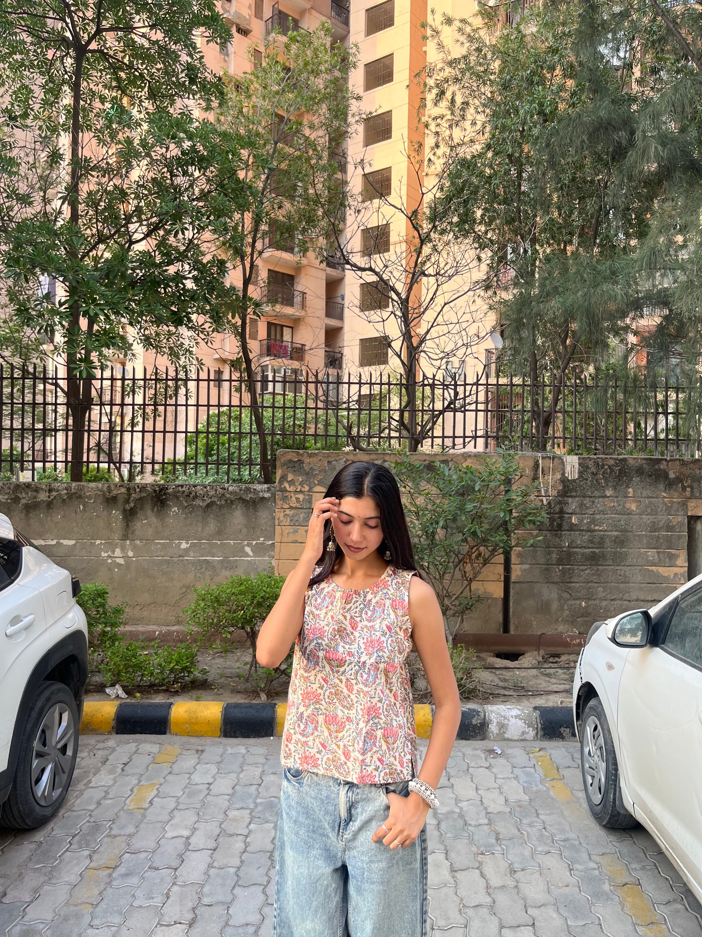 Ivory Kalamkari Floral Printed Cotton Sleeveless Top for Women