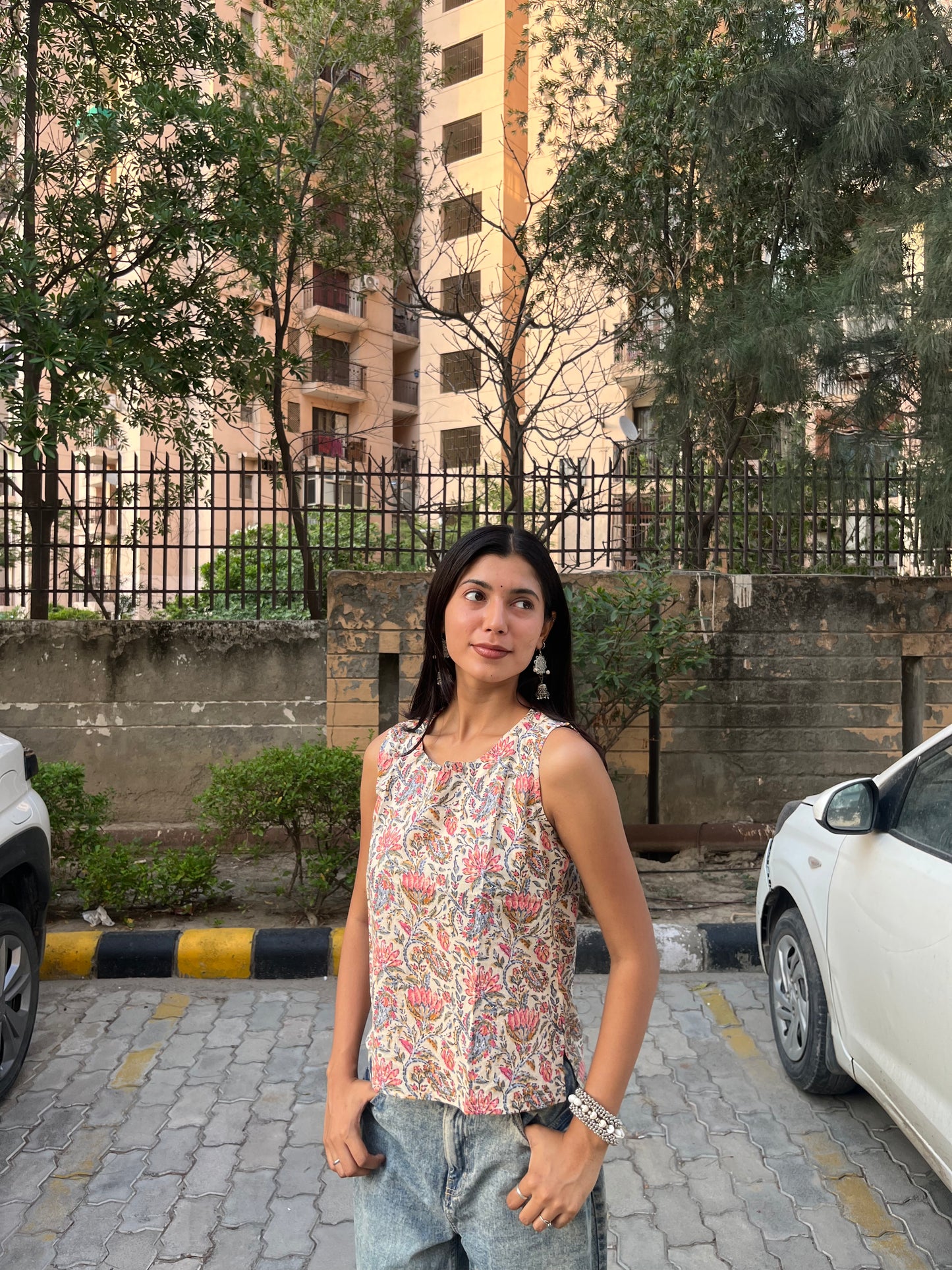 Ivory Kalamkari Floral Printed Cotton Sleeveless Top for Women