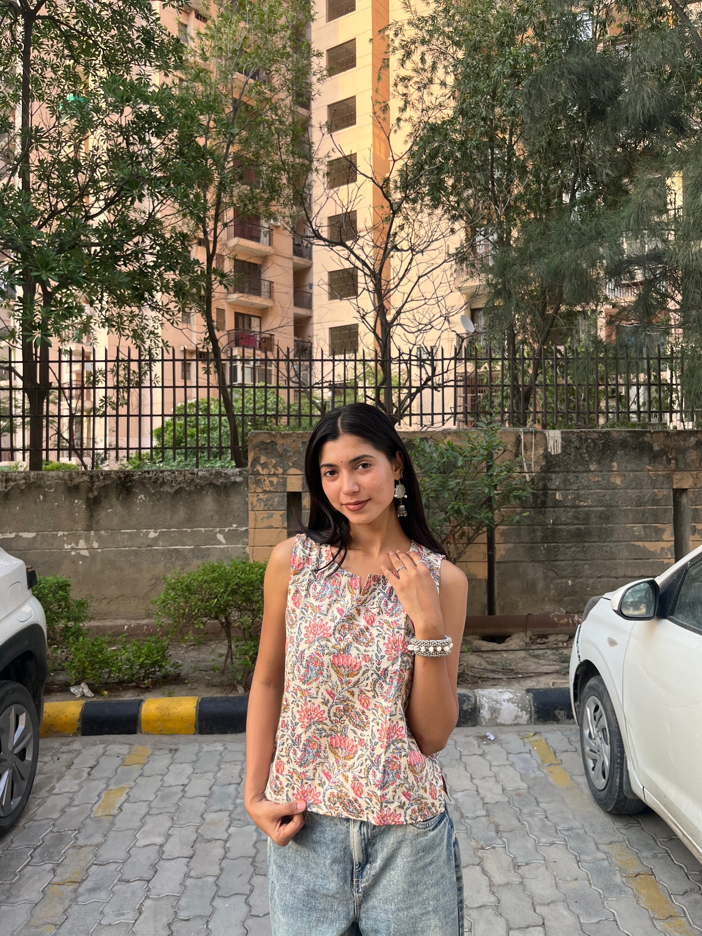 Ivory Kalamkari Floral Printed Cotton Sleeveless Top for Women