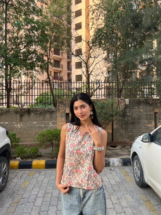 Ivory Kalamkari Floral Printed Cotton Sleeveless Top for Women