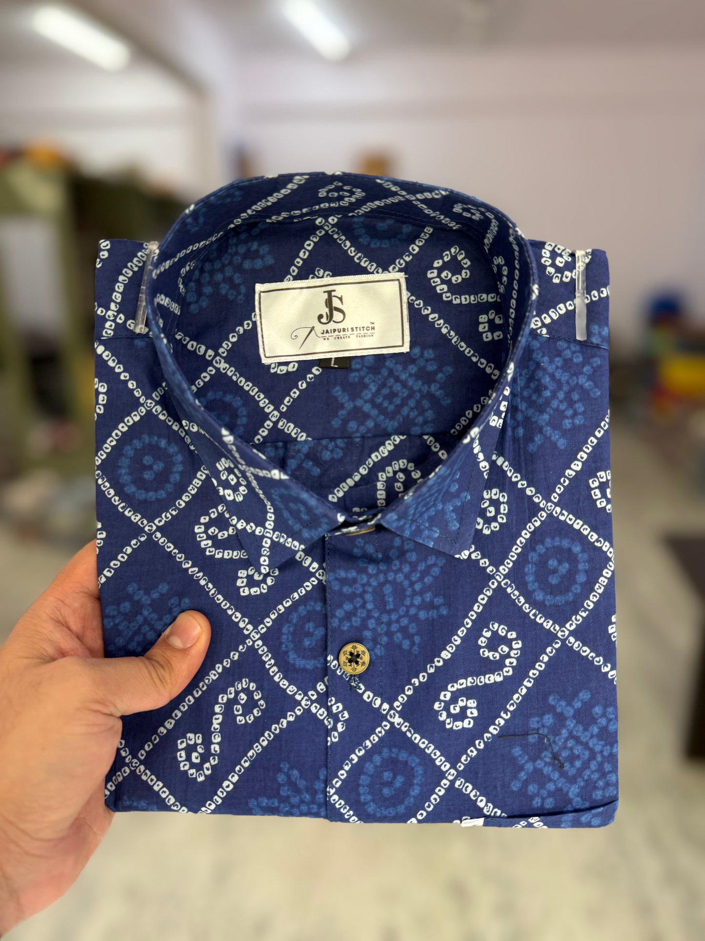 New Blue Bandhani/Bandhej Printed Mens Half Sleeves Cotton Shirt