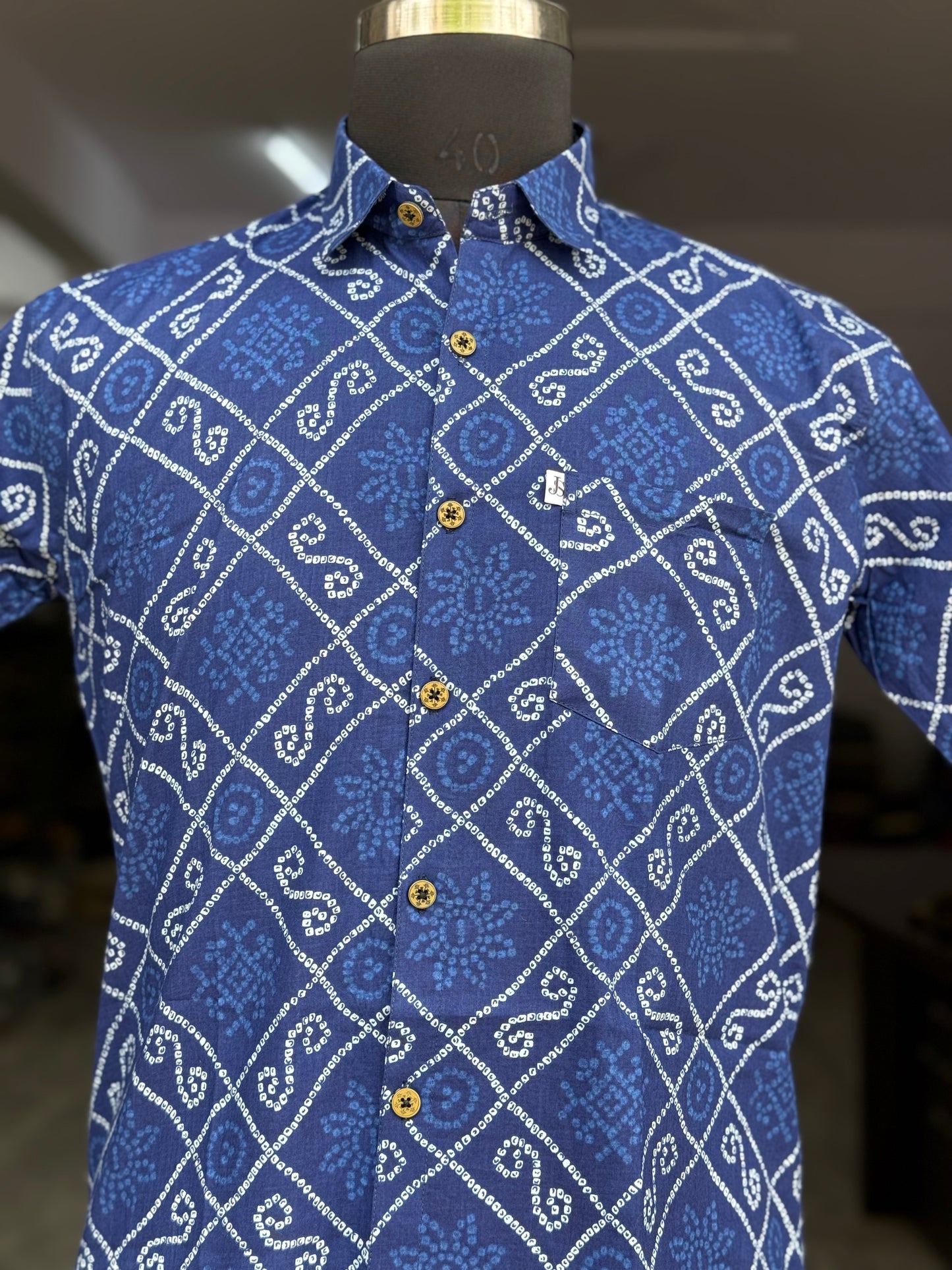 New Blue Bandhani/Bandhej Printed Mens Half Sleeves Cotton Shirt