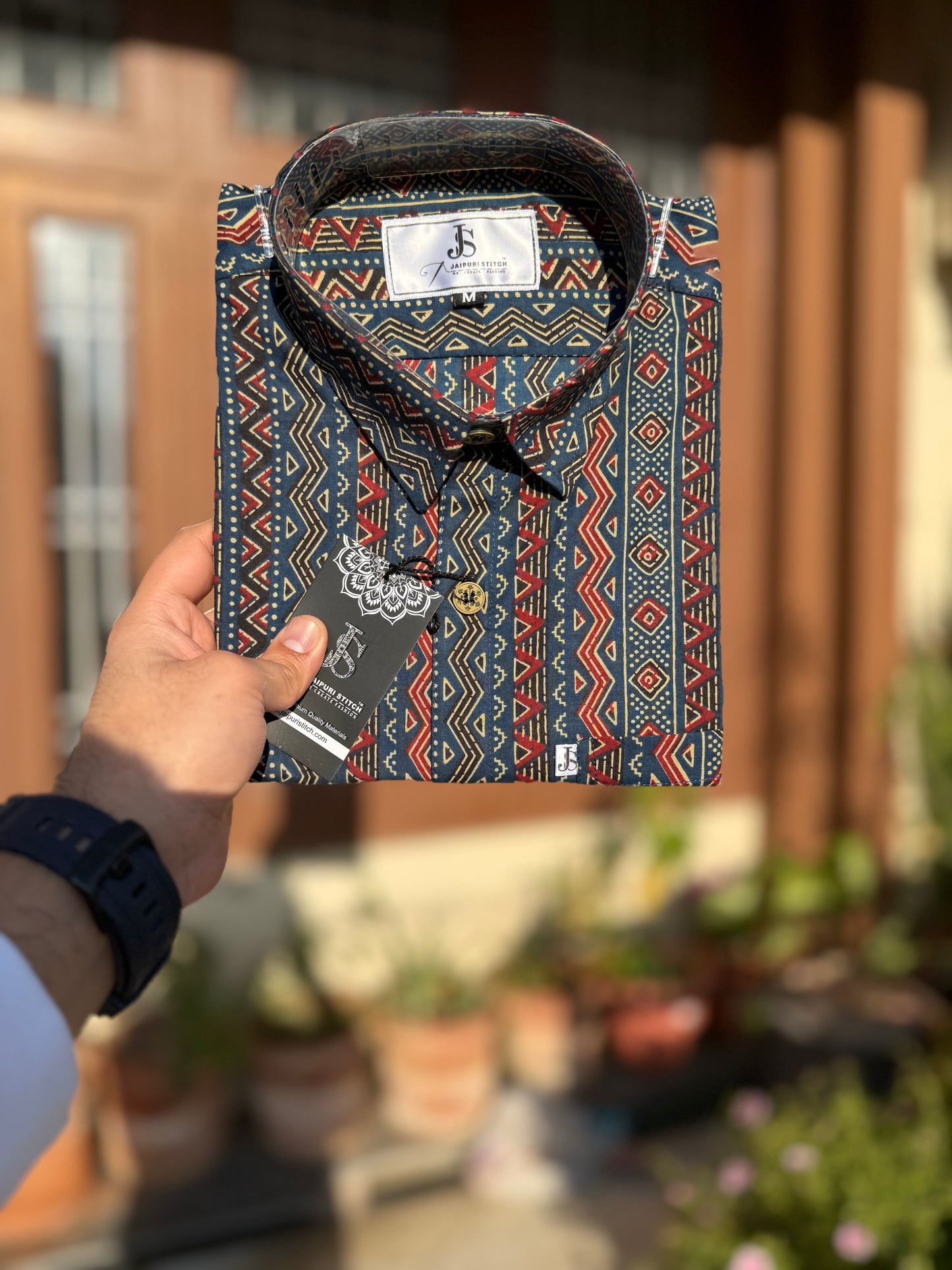 Indigo Tribal Stripe Printed Men’s Half Sleeves Cotton Shirt