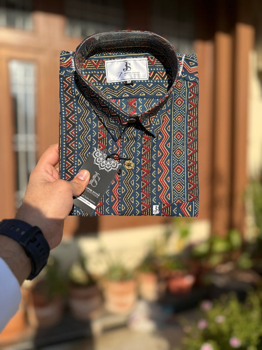 Indigo Tribal Stripe Printed Men’s Half Sleeves Cotton Shirt