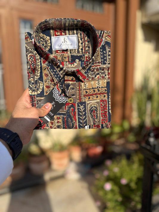 Multicolour Patchwork Motif Printed Men’s Half Sleeves Cotton Shirt