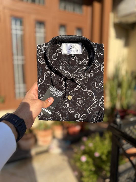 Black Bandhej Jaal Printed Men’s Half Sleeves Cotton Shirt