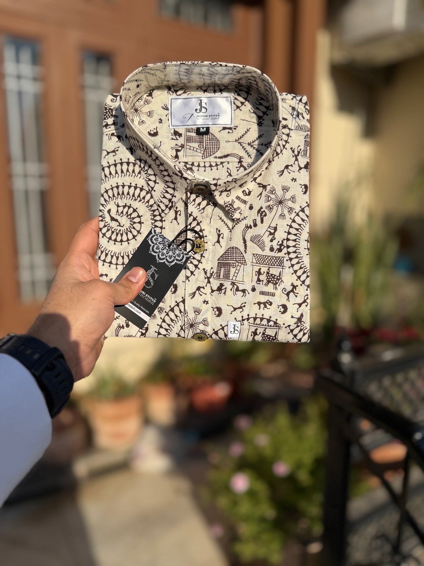 Ivory Spiral Motif Printed Men’s Half Sleeves Cotton Shirt