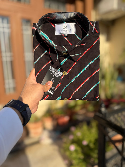 Black Leheriya Stripe Printed Men’s Half Sleeves Cotton Shirt