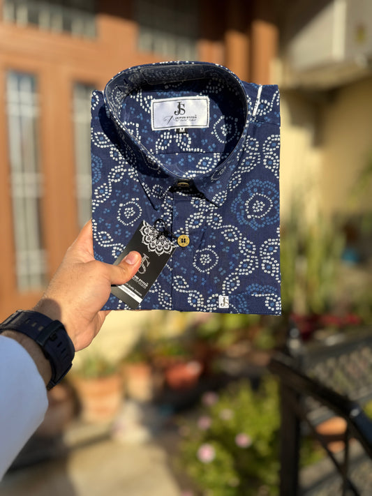 Indigo Bandhej Jaal Printed Men’s Half Sleeves Cotton Shirt