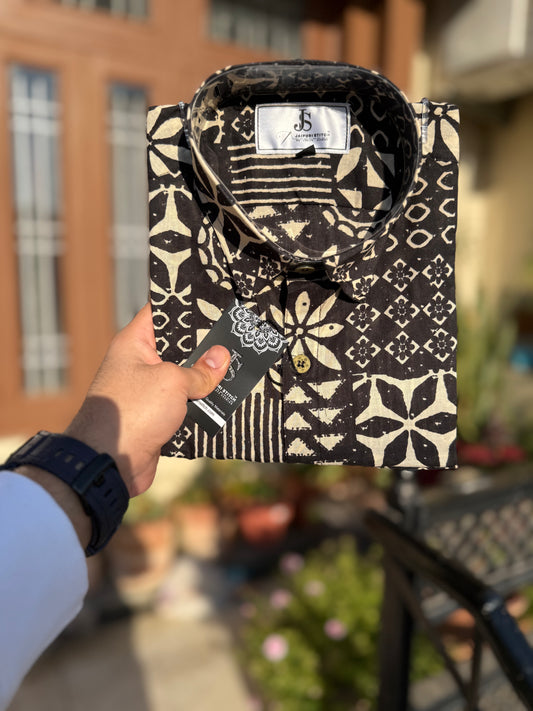 Black Tribal Patch Printed Men’s Half Sleeves Cotton Shirt