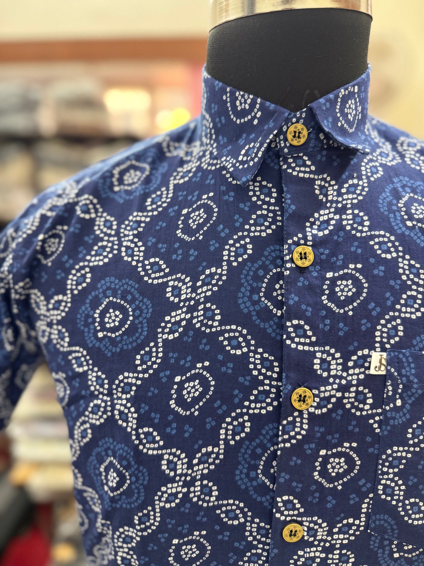 Indigo Bandhej Jaal Printed Men’s Half Sleeves Cotton Shirt