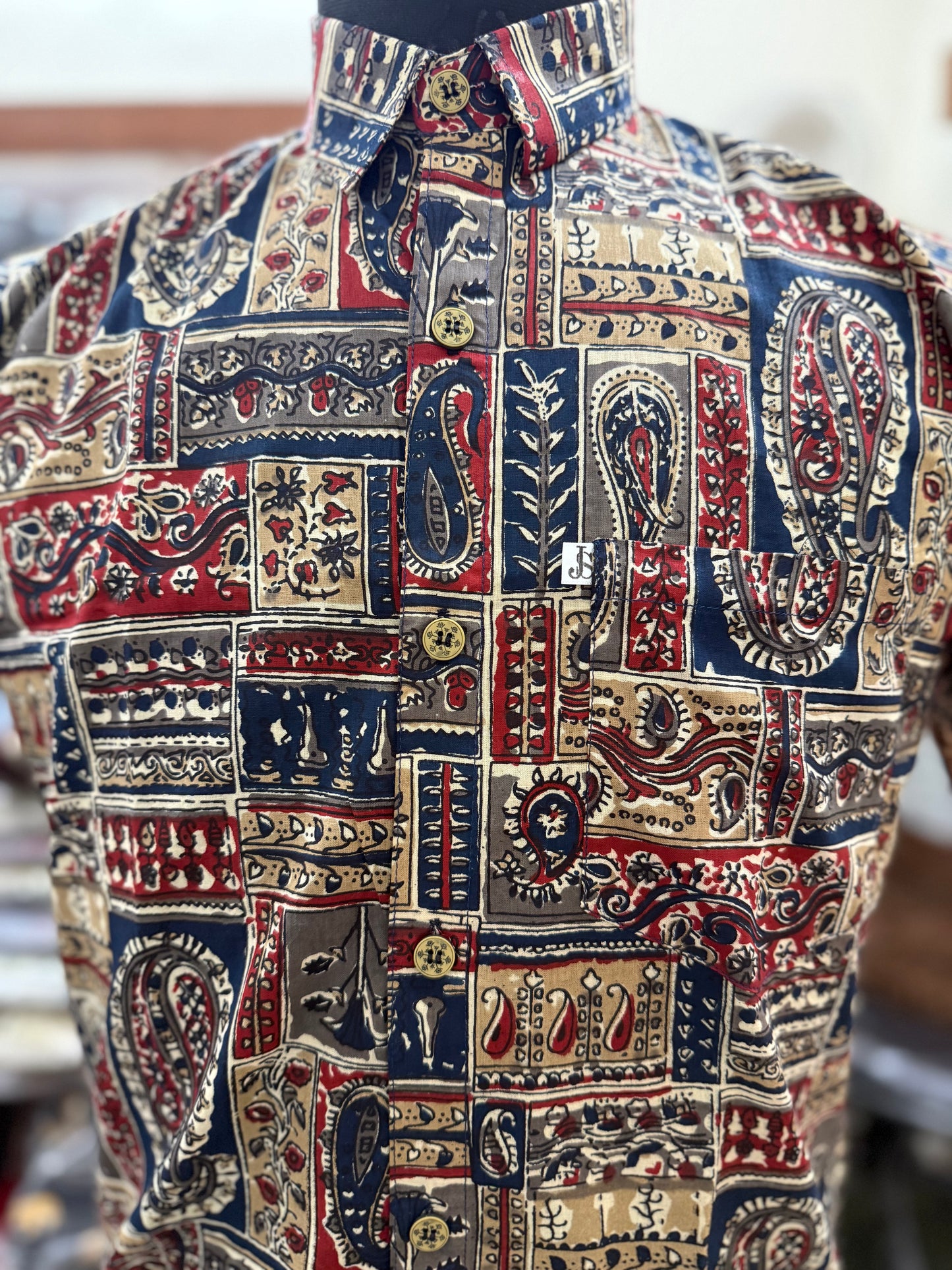 Multicolour Patchwork Motif Printed Men’s Half Sleeves Cotton Shirt