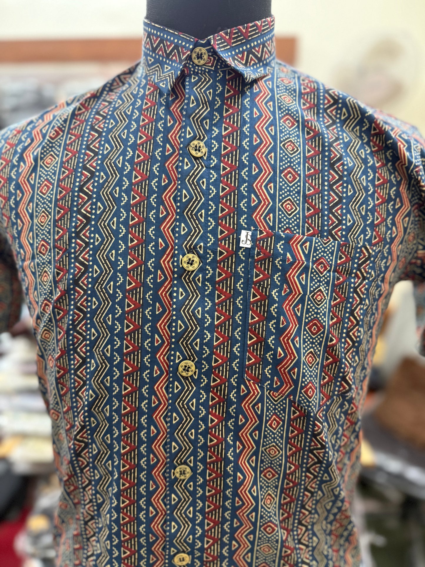 Indigo Tribal Stripe Printed Men’s Half Sleeves Cotton Shirt