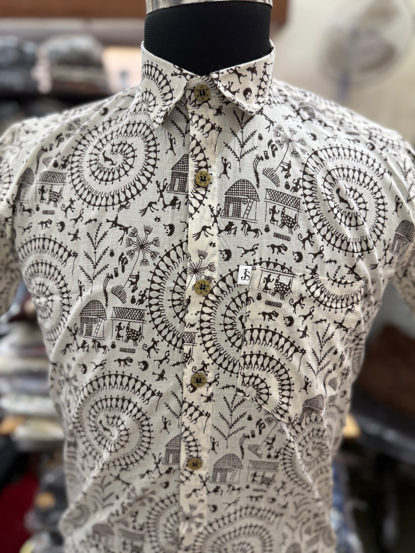 Ivory Spiral Motif Printed Men’s Half Sleeves Cotton Shirt