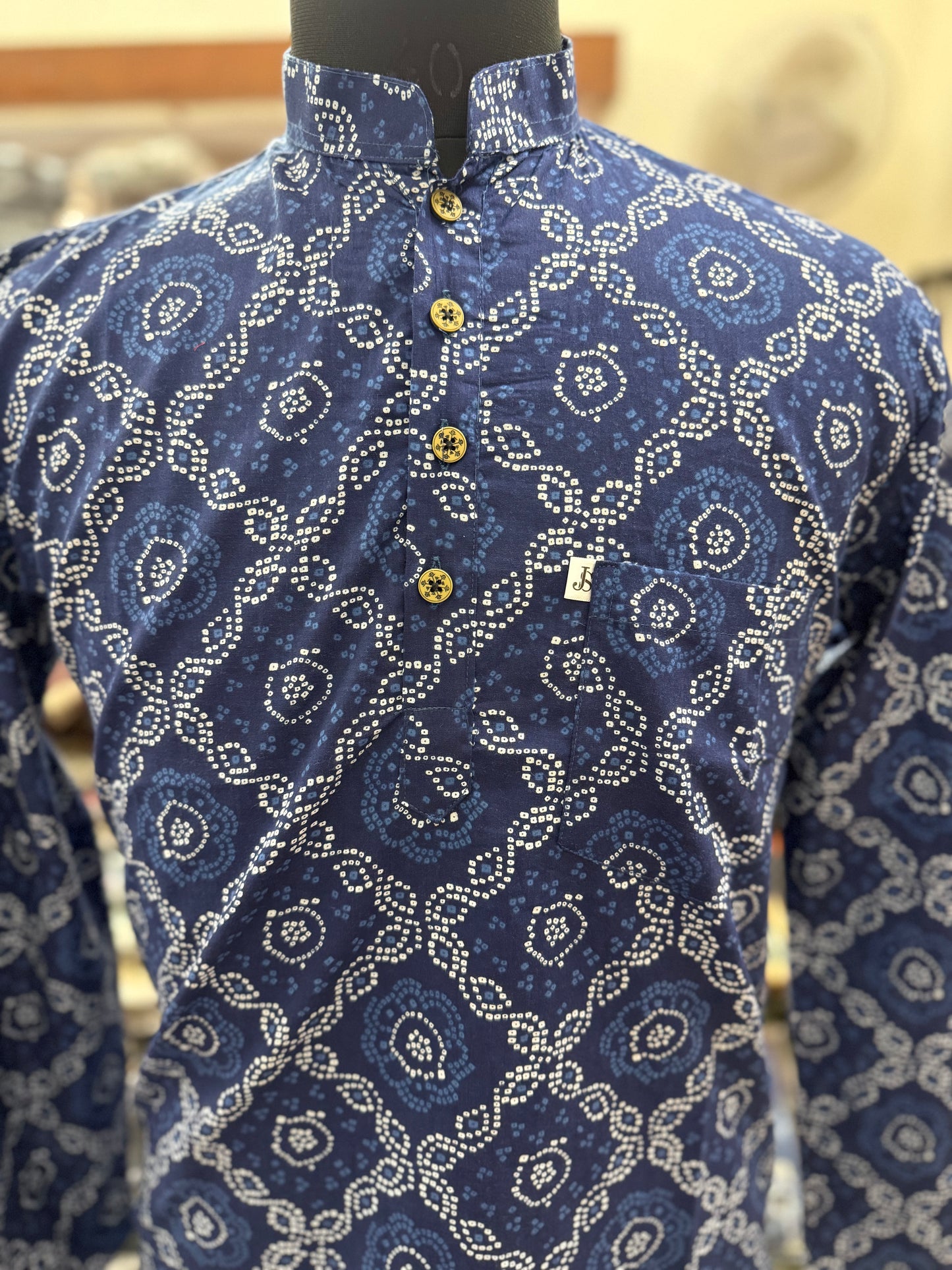 Indigo Bandhej Jaal Printed Full Sleeves short Kurta for Men
