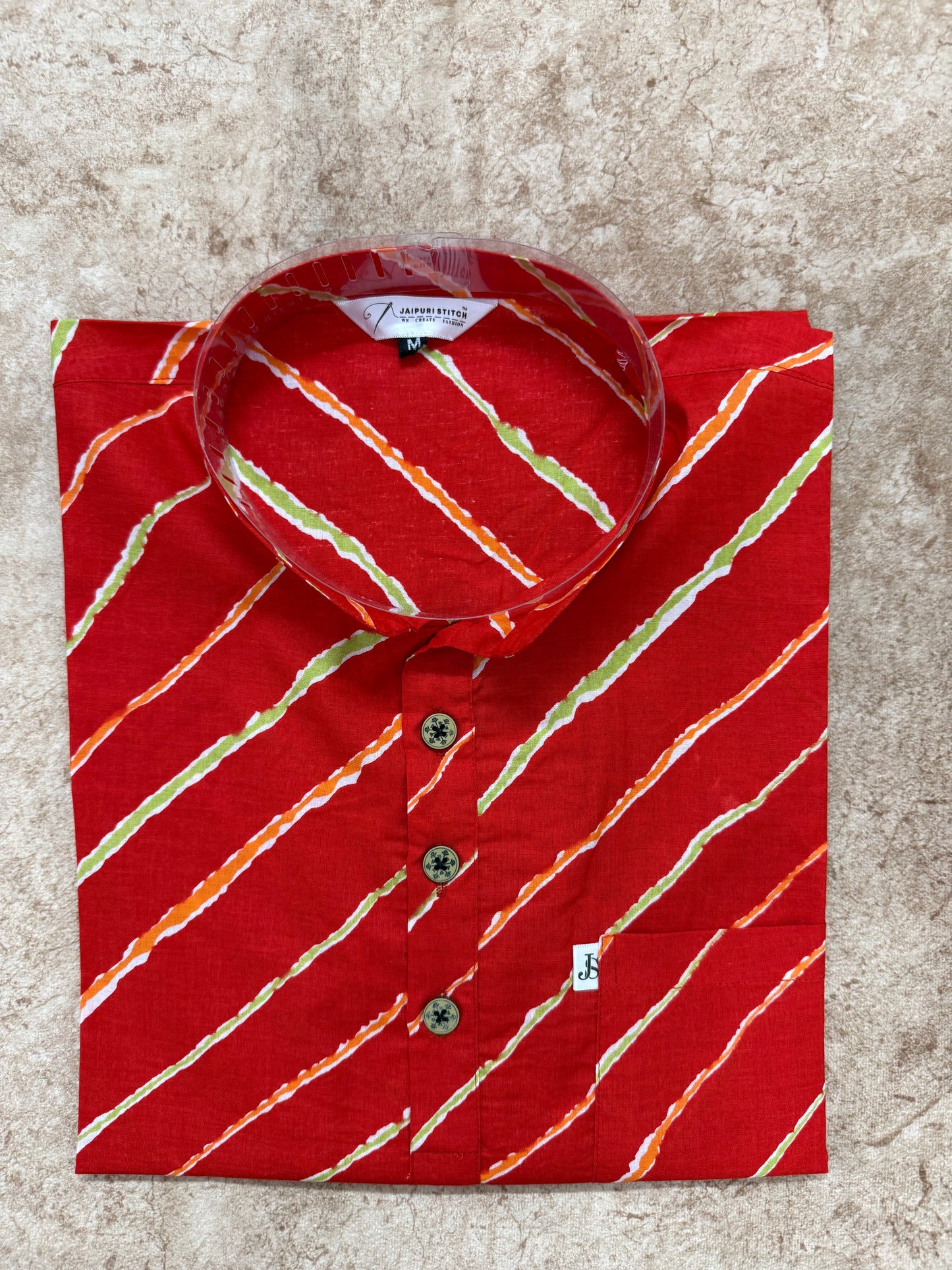 Red Leheriya Stripe Printed Full Sleeves short Kurta for Men