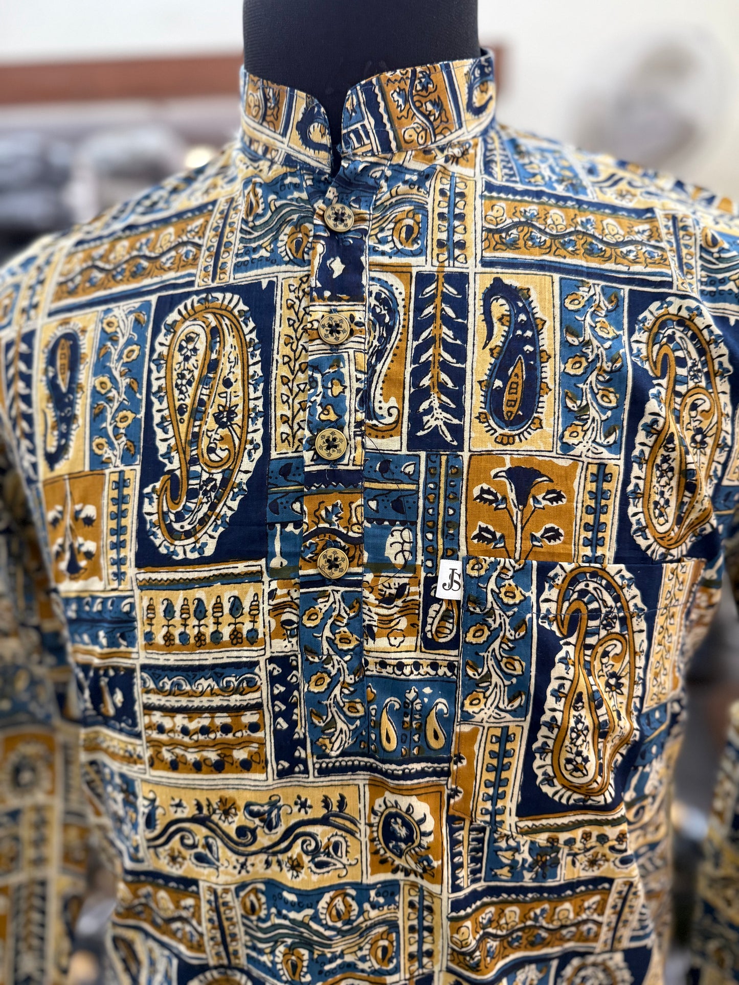 Indigo Mughal Patch Printed Full Sleeves Short Kurta for Men