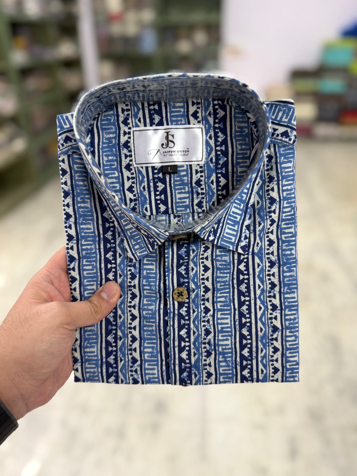 Indigo Ethnic Stripe Printed Mens Half Sleeves Cotton Shirt