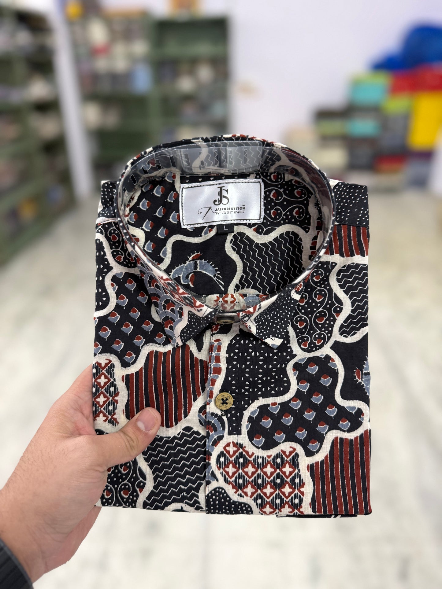 Black Abstract Ajrak Printed Mens Half Sleeves Cotton Shirt