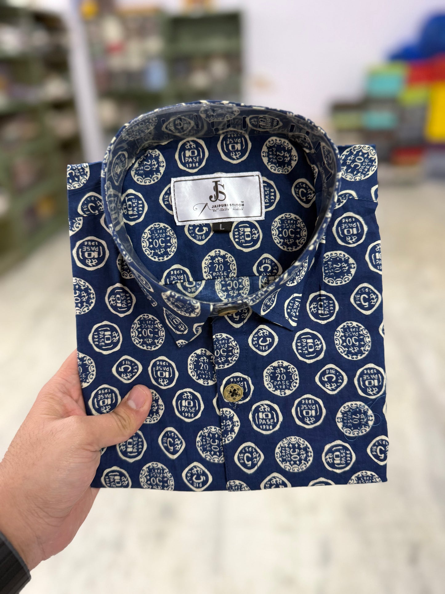 Steel Blue Coin Motif Printed Mens Half Sleeves Cotton Shirt