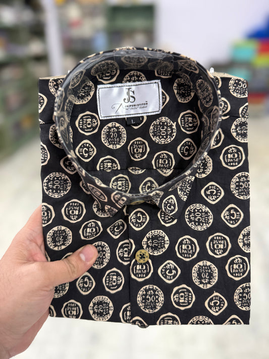Black Coin Motif Printed Mens Half Sleeves Cotton Shirt
