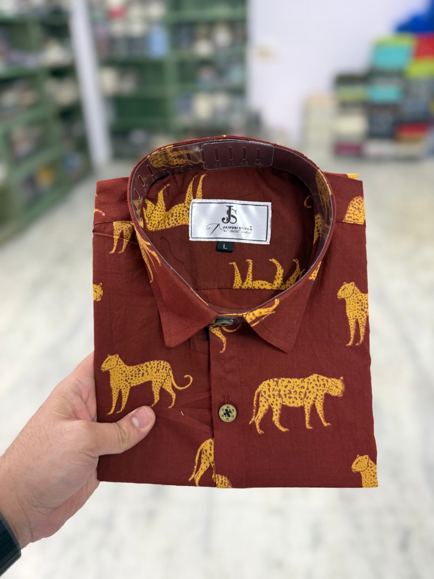 Brick Red Cheetah Print Mens Half Sleeves Cotton Shirt