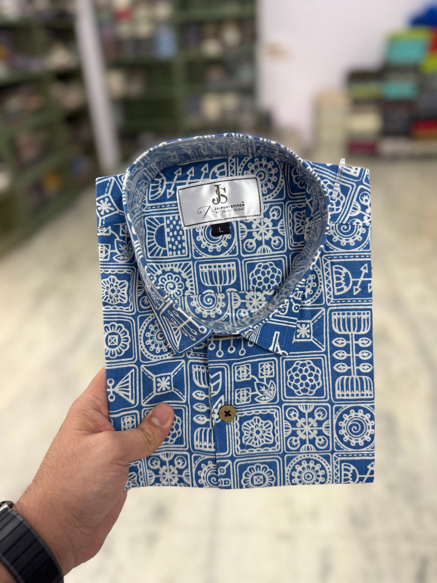 Sky Blue Heritage Block Print Mens Half Sleeves Cotton Shirt