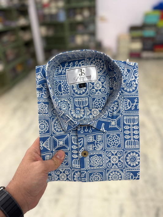 Sky Blue Heritage Block Print Mens Half Sleeves Cotton Shirt