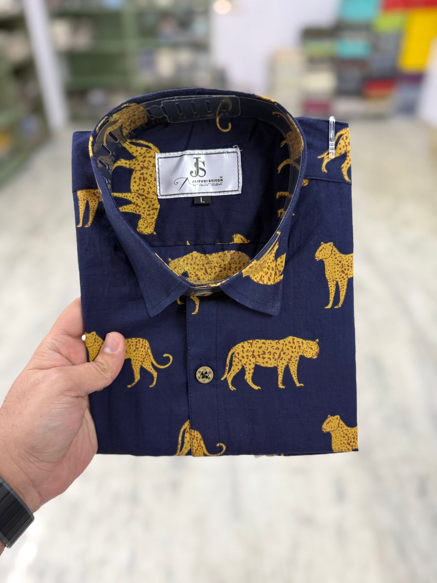 Navy Blue Cheetah Print Mens Half Sleeves Cotton Shirt