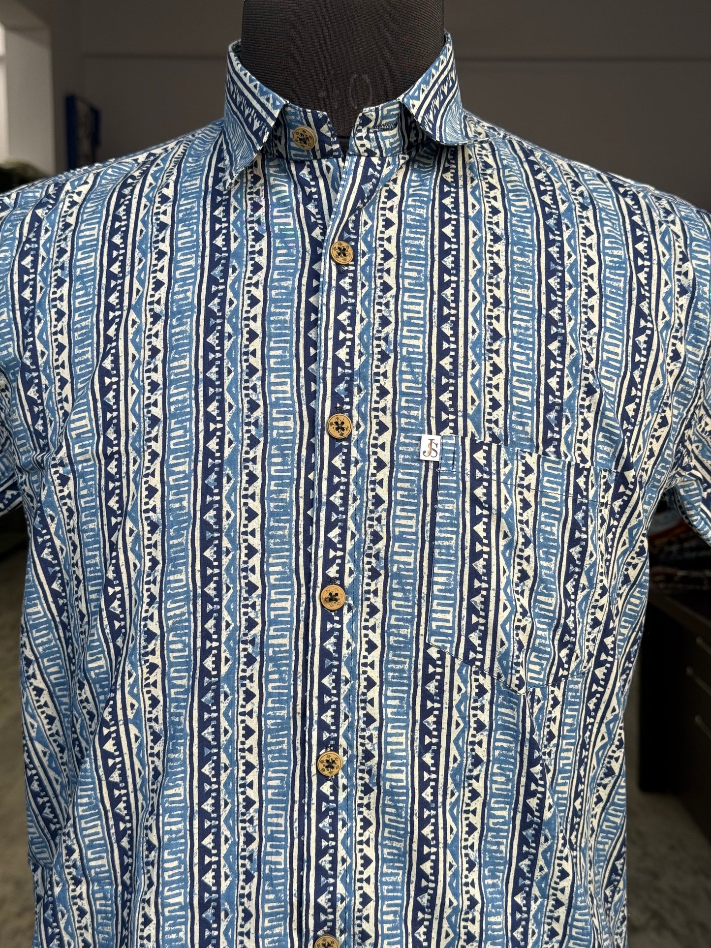 Indigo Ethnic Stripe Printed Mens Half Sleeves Cotton Shirt