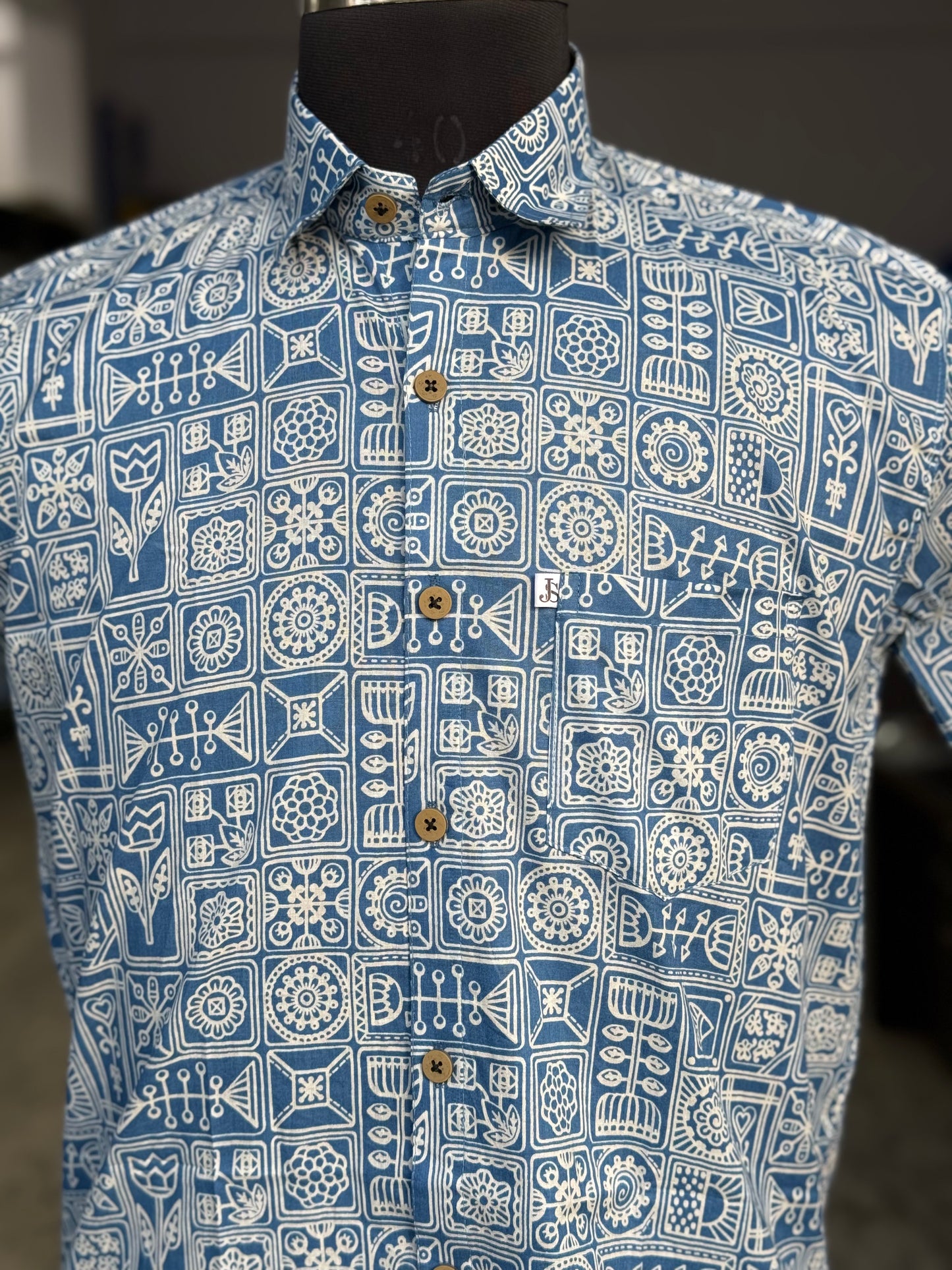 Sky Blue Heritage Block Print Mens Half Sleeves Cotton Shirt