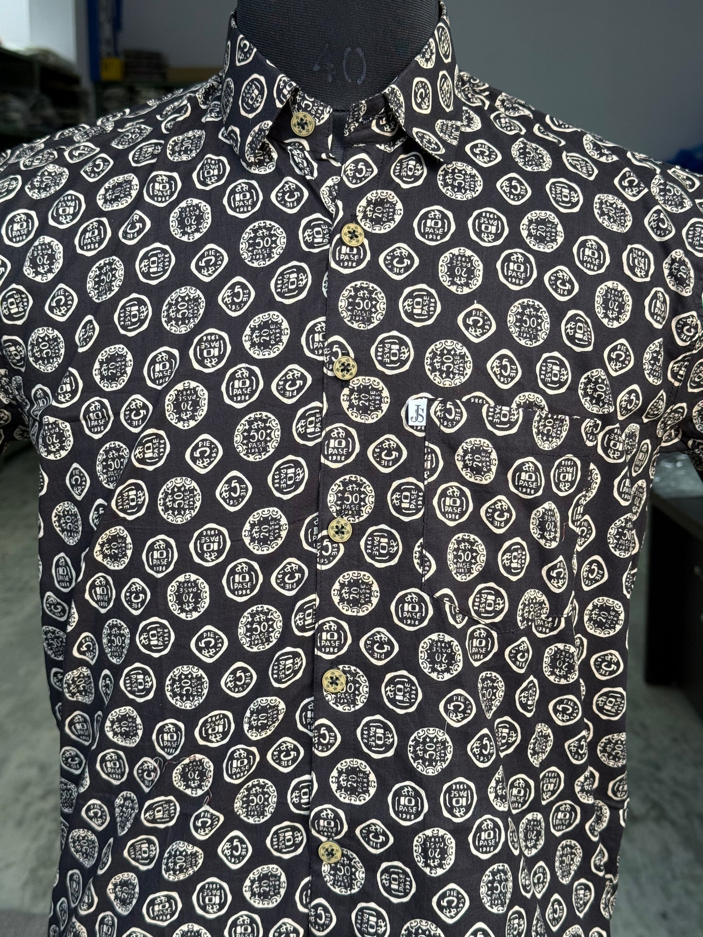 Black Coin Motif Printed Mens Half Sleeves Cotton Shirt