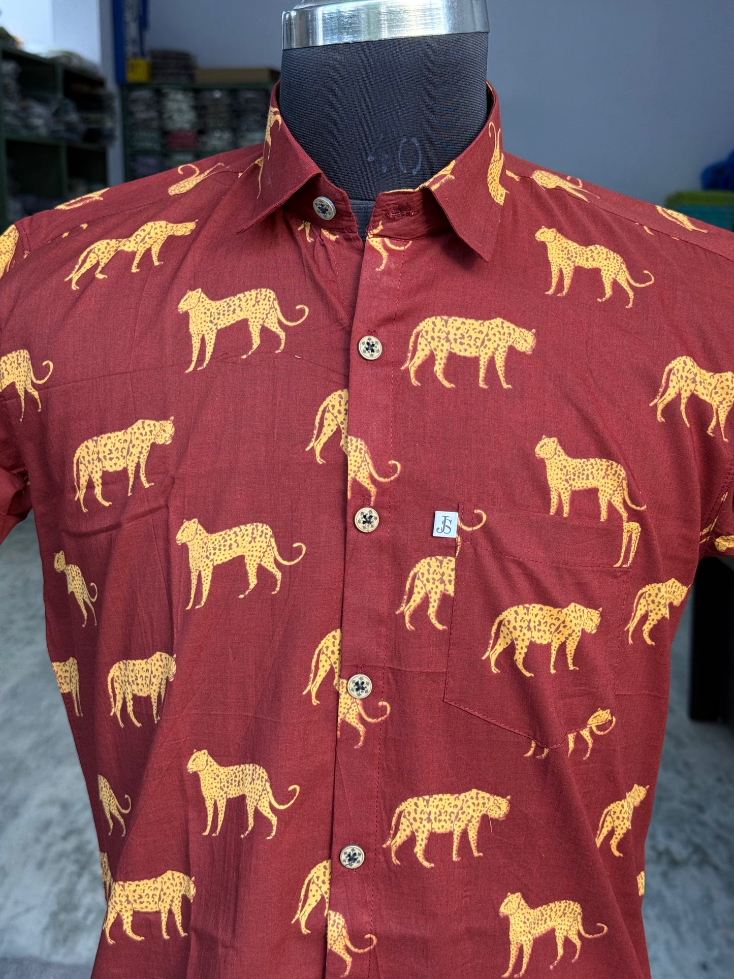 Brick Red Cheetah Print Mens Half Sleeves Cotton Shirt