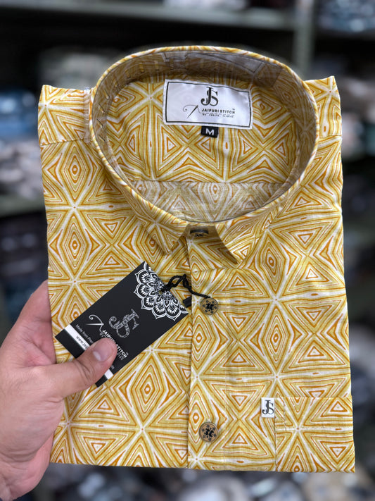 Yellow BarfiBuzz Printed Mens Half Sleeves Cotton Shirt