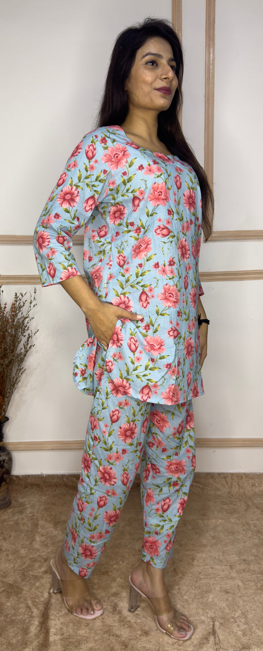 Sky Blue Pink Floral printed Cotton Co-Ord set