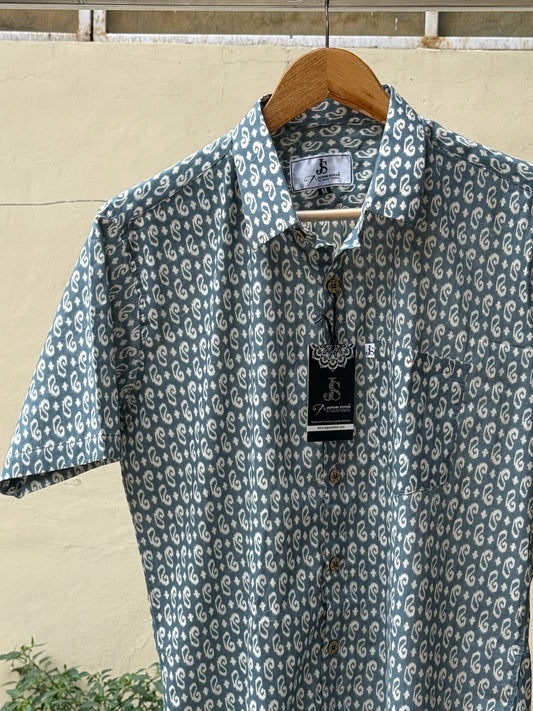 Grey Ikkat Booti Printed Mens Half Sleeves Cotton Shirt