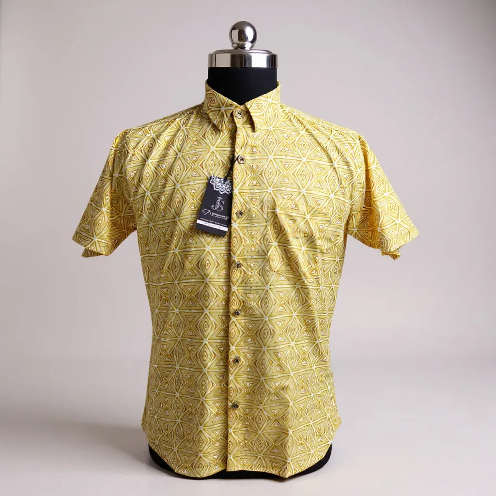 Yellow BarfiBuzz Printed Mens Half Sleeves Cotton Shirt
